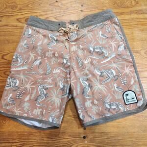 Howler Brothers Bruja Board Shorts Mens Sz 33 Brown Alligator Print Swim Beach
